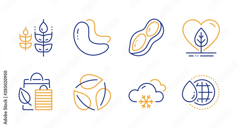 Leaves, Cashew nut and Gluten free line icons set. Local grown, Peanut and Bio shopping signs. Snow weather, World water symbols. Nature leaf, Vegetarian food. Nature set. Line leaves icon. Vector