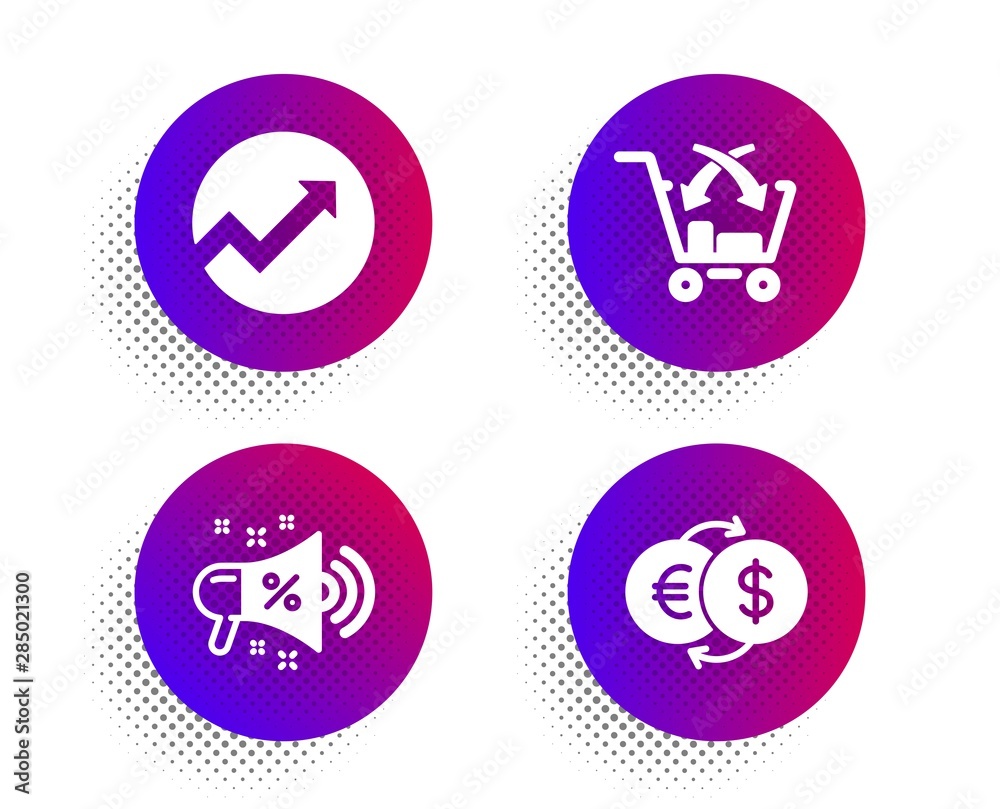 Sale megaphone, Cross sell and Audit icons simple set. Halftone dots button. Money exchange sign. Shopping, Market retail, Arrow graph. Eur to usd. Finance set. Vector