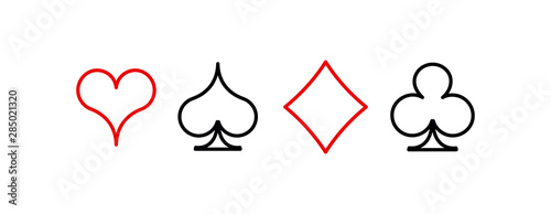 Set diamonds clovers hearts spades Four Playing card suits icons template black and red color editable. High quality outline Playing card suit symbol mobile app pictogram isolated on white background