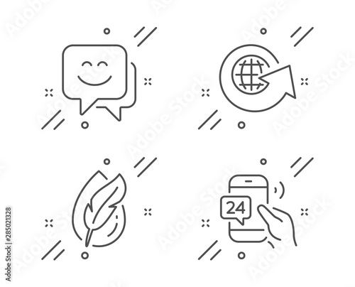 Hypoallergenic tested, Smile face and World globe line icons set. 24h service sign. Feather, Chat, Around the world. Call support. Technology set. Line hypoallergenic tested outline icon. Vector
