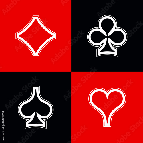 Set shape diamonds, clovers, hearts and spades Four Playing card suits icons template black and red color. High quality outline Playing card suit symbol shape pictogram for web design or mobile app