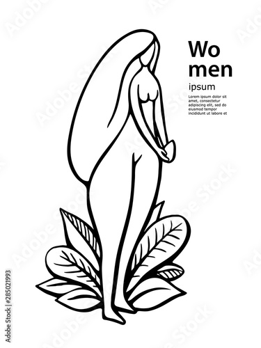 Hand-drawn naked woman with yoni egg with leafs. Women secrets. Vector Illustration - stock vector. Stone Egg Practice