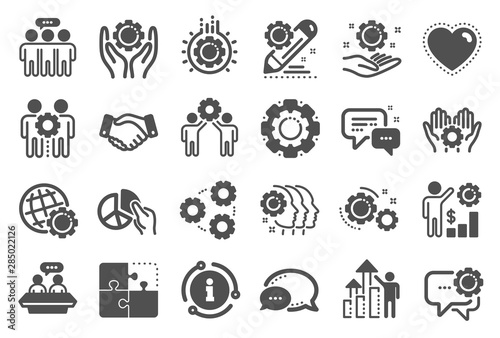 Employees benefits icons. Business strategy, handshake and people collaboration. Teamwork, social responsibility, people relationship icons. Growth chart, employees benefits. Quality set. Vector
