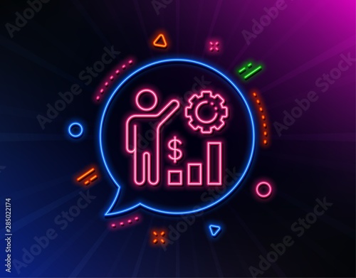 Employees wealth line icon. Neon laser lights. Work results sign. Money chart symbol. Glow laser speech bubble. Neon lights chat bubble. Banner badge with employees wealth icon. Vector