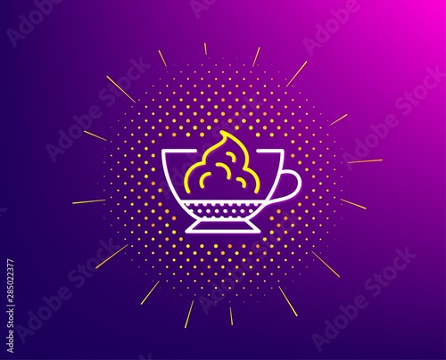 Espresso with whipped cream icon. Halftone pattern. Hot coffee drink sign. Beverage symbol. Gradient background. Espresso cream line icon. Yellow halftone pattern. Vector