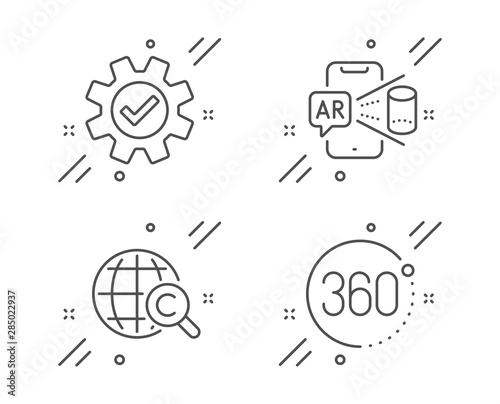 International Ð¡opyright, Service and Augmented reality line icons set. 360 degrees sign. World copywriting, Cogwheel gear, Phone simulation. Full rotation. Science set. Vector