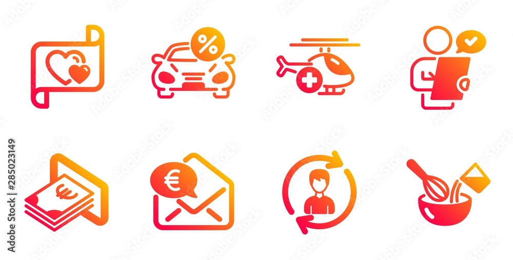 Human resources, Cash and Euro money line icons set. Medical helicopter, Customer survey and Love letter signs. Car leasing, Cooking whisk symbols. Update profile, Atm payment. Business set. Vector