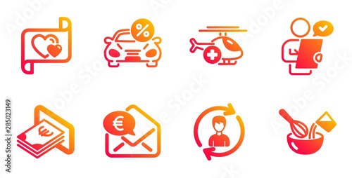 Human resources, Cash and Euro money line icons set. Medical helicopter, Customer survey and Love letter signs. Car leasing, Cooking whisk symbols. Update profile, Atm payment. Business set. Vector