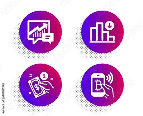 Decreasing graph, Payment method and Accounting icons simple set. Halftone dots button. Bitcoin pay sign. Crisis chart, Give money, Supply and demand. Mobile payment. Finance set. Vector