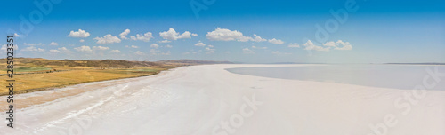 Aerial view of Lake Tuz  Tuz Golu. Salt Lake. White salt water. It is the second largest lake in Turkey and one of the largest hypersaline lakes in the world. Central Anatolia Region