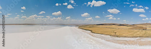 Aerial view of Lake Tuz  Tuz Golu. Salt Lake. White salt water. It is the second largest lake in Turkey and one of the largest hypersaline lakes in the world. Central Anatolia Region