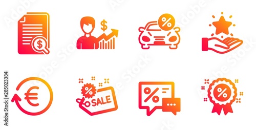Exchange currency, Financial documents and Business growth line icons set. Sale, Car leasing and Discounts signs. Loyalty program, Discount symbols. Reshresh exchange rate, Check docs. Vector