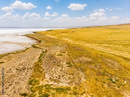 Aerial view of Lake Tuz  Tuz Golu. Salt Lake. White salt water. It is the second largest lake in Turkey and one of the largest hypersaline lakes in the world. Central Anatolia Region