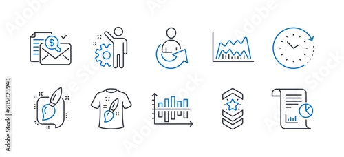 Set of Education icons, such as Painting brush, Trade chart, Employee, Accounting report, T-shirt design, Shoulder strap, Diagram chart, Share, Time change, Report line icons. Vector