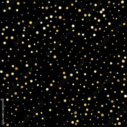 Christmas dots background vector, flying gold sparkles confetti. Confetti cover from gold dots.