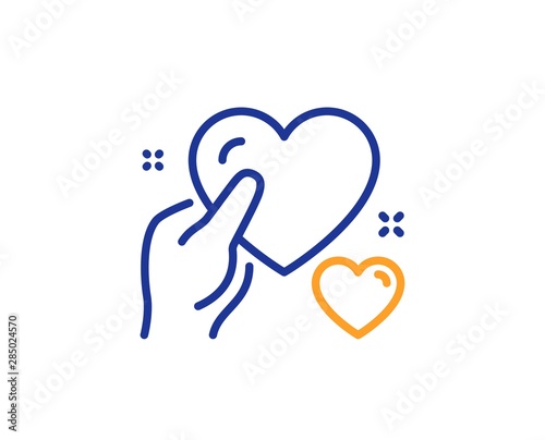 Care love emotion sign. Hold heart line icon. Valentine day symbol. Colorful outline concept. Blue and orange thin line hold heart icon. Vector