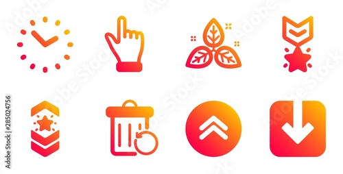Winner medal, Fair trade and Shoulder strap line icons set. Recovery trash, Time and Click hand signs. Swipe up, Load document symbols. Ranking star, Leaf. Business set. Vector
