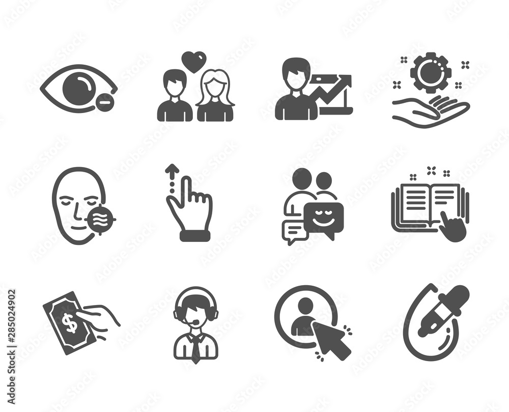 Set of People icons, such as User, Communication, Eye drops, Shipping support, Touchscreen gesture, Myopia, Employee hand, Problem skin, Technical documentation, Couple love, Pay money. Vector Set of People icons, such as User, Communication, Eye drops, Shipping support, Touchscreen gesture, Myopia, Employee hand, Problem skin, Technical documentation, Couple love, Pay money. Vector
