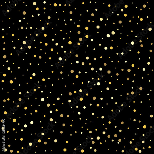 Gold flying dots confetti magic cosmic christmas vector. Template for holiday designs, invitation, party, birthday, wedding.