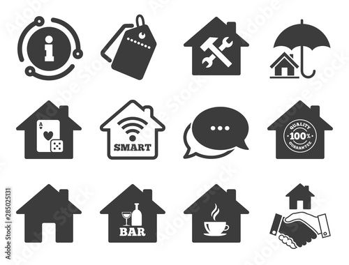 House insurance, broker and casino with bar signs. Discount offer tag, chat, info icon. Real estate icons. Handshake deal, coffee and smart house symbols. Classic style signs set. Vector