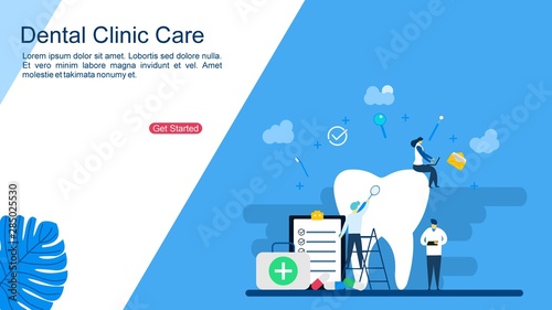Website or landing page of Dental clinic care with Tiny People Character Concept Vector Illustration, Suitable For Wallpaper, Background, Card, banner,Book Illustration, Web Landing Page