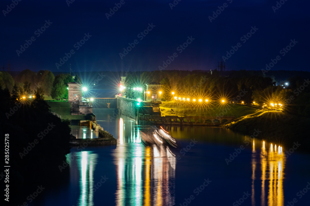 Gateway on the Volga River, view from the bridge.  Night.  Dubna, Russia.