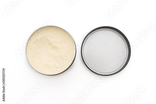 Pomade for hair styling in oil based on white background