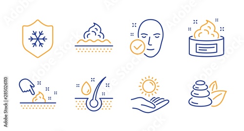 Skin cream, Serum oil and Skin care line icons set. Sun protection, Spa stones signs. Medical cosmetic, Healthy hairs. Beauty set. Line skin cream icon. Vector