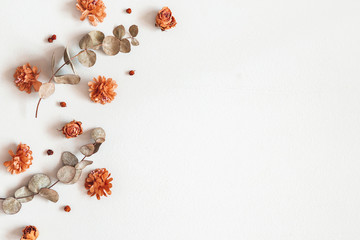 Autumn composition. Frame made of dried flowers, eucalyptus leaves, berries on gray background. Autumn, fall, thanksgiving day concept. Flat lay, top view, copy space