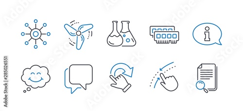 Set of Technology icons, such as Smile, Information, Rotation gesture, Chemistry lab, Swipe up, Talk bubble, Multichannel, Wind energy, Ram, Search file line icons. Comic chat, Info center. Vector