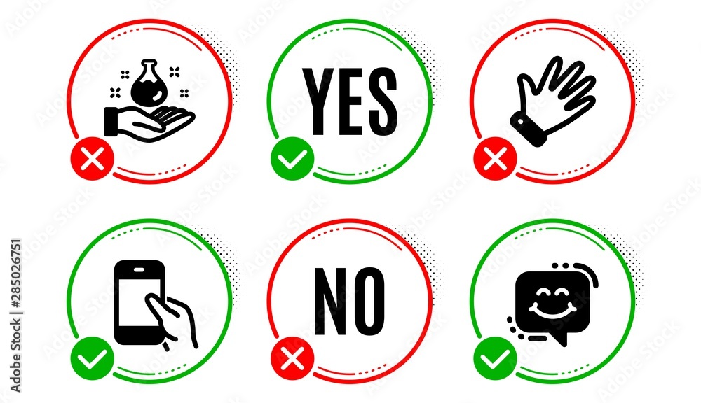 Fototapeta premium Hold smartphone, Hand and Chemistry lab icons simple set. Yes no check box. Smile chat sign. Phone call, Waving palm, Laboratory. Happy face. People set. Hold smartphone icon. Check mark. Vector