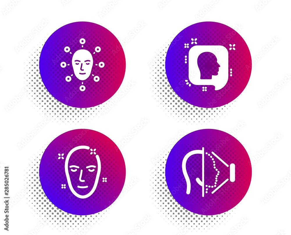 Face biometrics, Head and Health skin icons simple set. Halftone dots button. Face id sign. Facial recognition, Profile messages, Phone scanning. Healthcare set. Vector Face biometrics, Head and Health skin icons simple set. Halftone dots button. Face id sign. Facial recognition, Profile messages, Phone scanning. Healthcare set. Vector