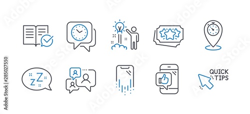 Set of Technology icons, such as Loyalty points, Support chat, Clock, Sleep, Timer, Smartphone recovery, Creative idea, Approved documentation, Mobile like, Quick tips line icons. Vector