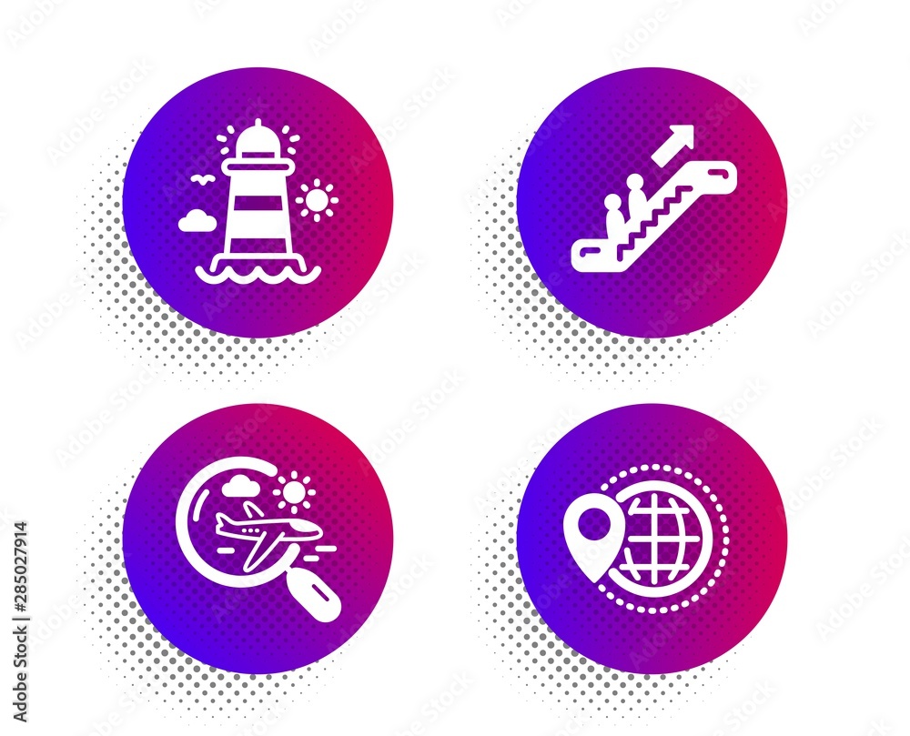 Search flight, Lighthouse and Escalator icons simple set. Halftone dots button. World travel sign. Airplane trip, Beacon tower, Elevator. Map pointer. Transportation set. Vector Search flight, Lighthouse and Escalator icons simple set. Halftone dots button. World travel sign. Airplane trip, Beacon tower, Elevator. Map pointer. Transportation set. Vector