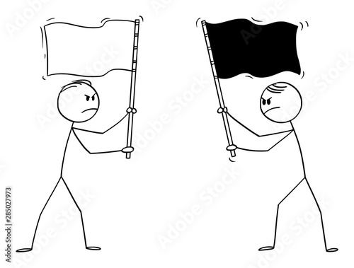 Vector cartoon stick figure drawing conceptual illustration of two angry men, politicians or businessmen holding different flags. Concept of competition and hostility.