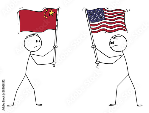 Vector cartoon stick figure drawing conceptual illustration of two angry men, politicians or businessmen holding flags of USA or United States and China. Concept of trade war and conflict.