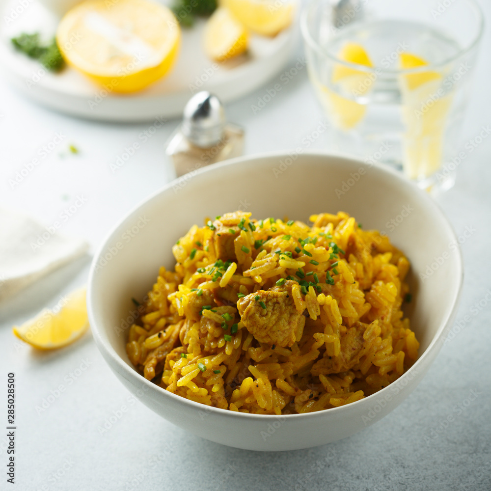 Spiced vegan rice in white bowl Spiced vegan rice in white bowl