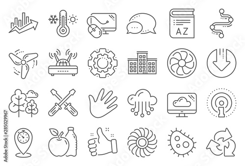 Company building, Vocabulary, Profits timeline line icons. Turbine, Wind, Thermostat icons. Tree, Bacteria, Healthy food. Company chart, wind turbine. Cloud services, Timeline, Download. Vector