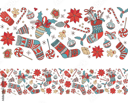 Merry Christmas Hand drawn doodle seamless pattern background.