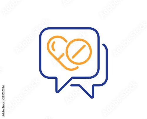 Medicine pills sign. Medical drugs line icon. Pharmacy medication symbol. Colorful outline concept. Blue and orange thin line medical drugs icon. Vector