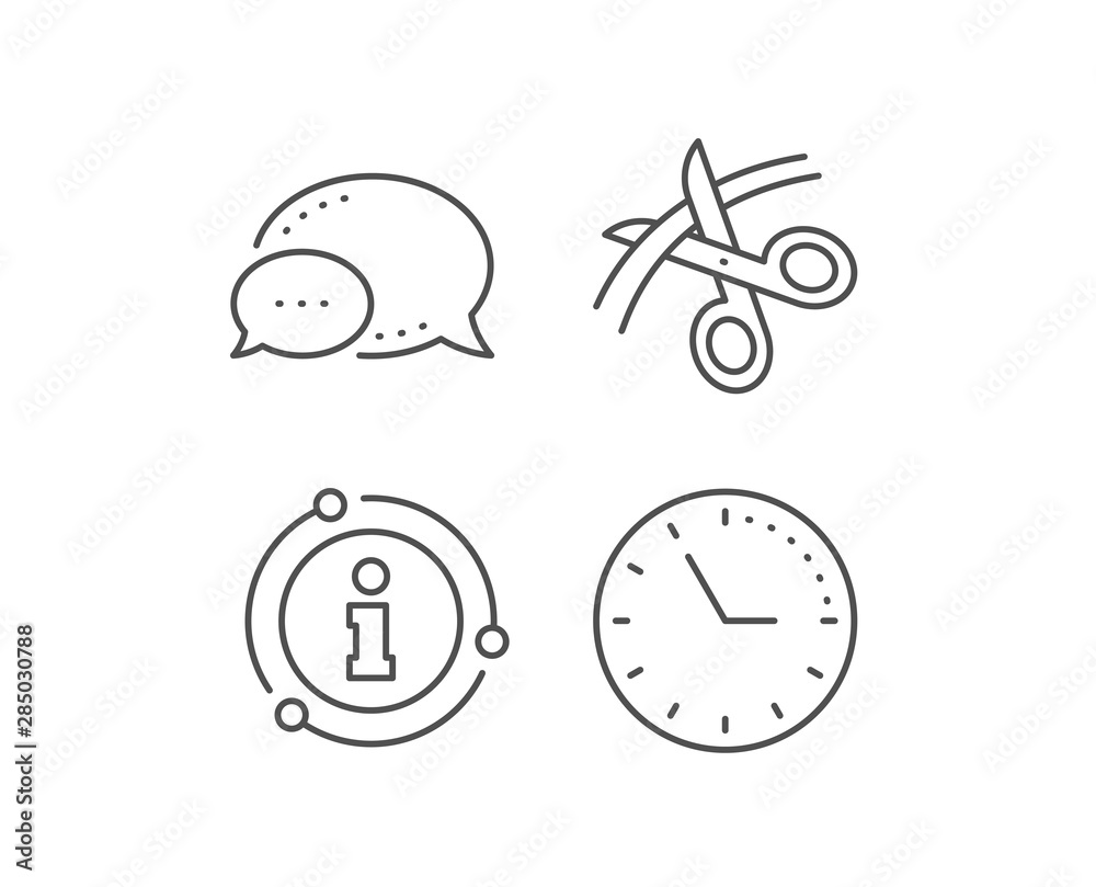 Scissors line icon. Chat bubble, info sign elements. Cutting ribbon sign. Tailor utensil symbol. Linear scissors outline icon. Information bubble. Vector Scissors line icon. Chat bubble, info sign elements. Cutting ribbon sign. Tailor utensil symbol. Linear scissors outline icon. Information bubble. Vector