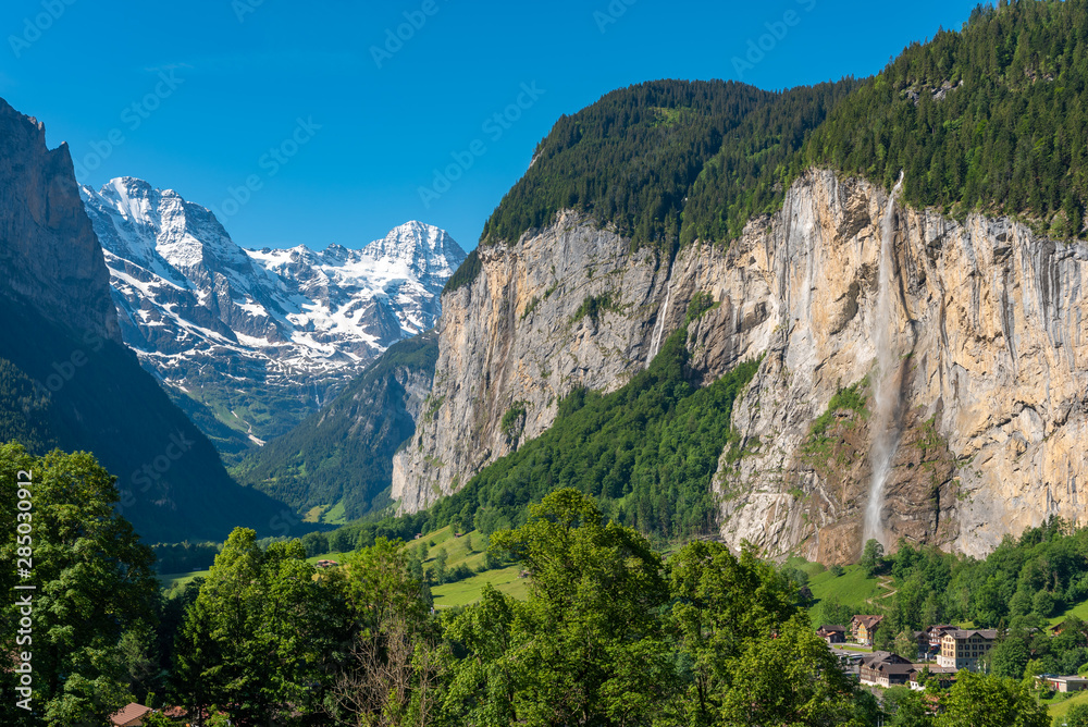 View from Lauterbrunnen into the Lauterbrunnen Valley with Staubbach Falls View from Lauterbrunnen into the Lauterbrunnen Valley with Staubbach Falls