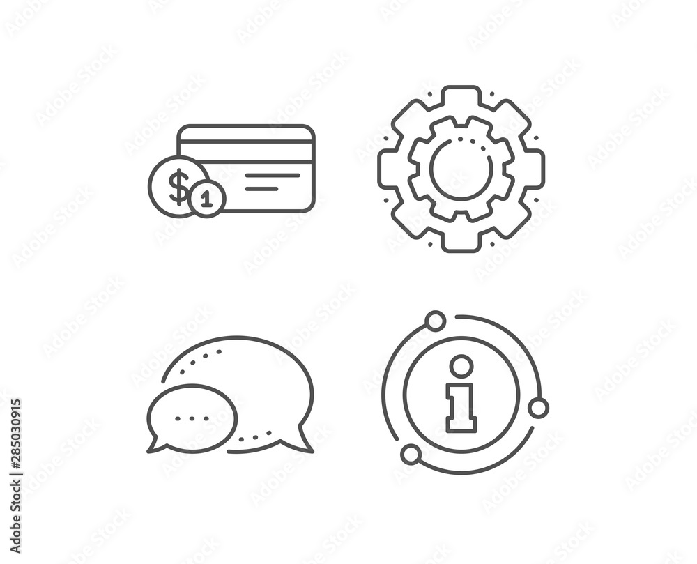 Credit card line icon. Chat bubble, info sign elements. Banking Payment card with Coins sign. ATM service symbol. Linear payment method outline icon. Information bubble. Vector Credit card line icon. Chat bubble, info sign elements. Banking Payment card with Coins sign. ATM service symbol. Linear payment method outline icon. Information bubble. Vector