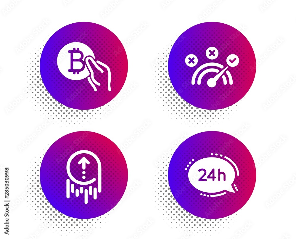 Correct answer, Swipe up and Bitcoin pay icons simple set. Halftone dots button. 24h service sign. Speed symbol, Scrolling page, Cryptocurrency coin. Call support. Technology set. Vector