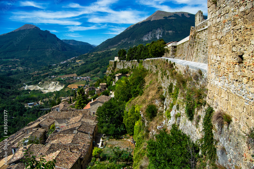 The walls of Civitella del Tronto fortress with scenic panorama and mountains.