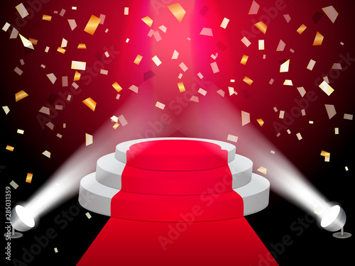 Empty Podium illuminated with  golden confetti. Vector illustration.