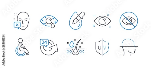 Set of Medical icons, such as Disabled, Ð¡onjunctivitis eye, Eye drops, Uv protection, Serum oil, 24 hours, Face declined, Not looking, Face scanning line icons. Line disabled icon. Vector