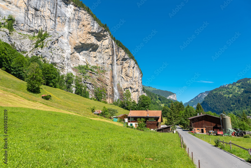 Landscape in in the Lauterbrunnen Valley with the Staubbach Falls in Lauterbrunnen