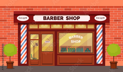 Vintage barber shop store facade with storefront