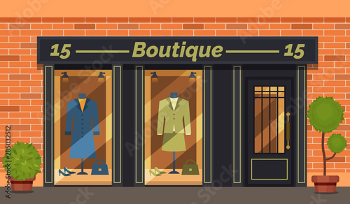 Vintage boutique shop store facade with storefront large window, columns and brick wall. Facade residential building front view. Graphic boutique exterior small business vector illustration